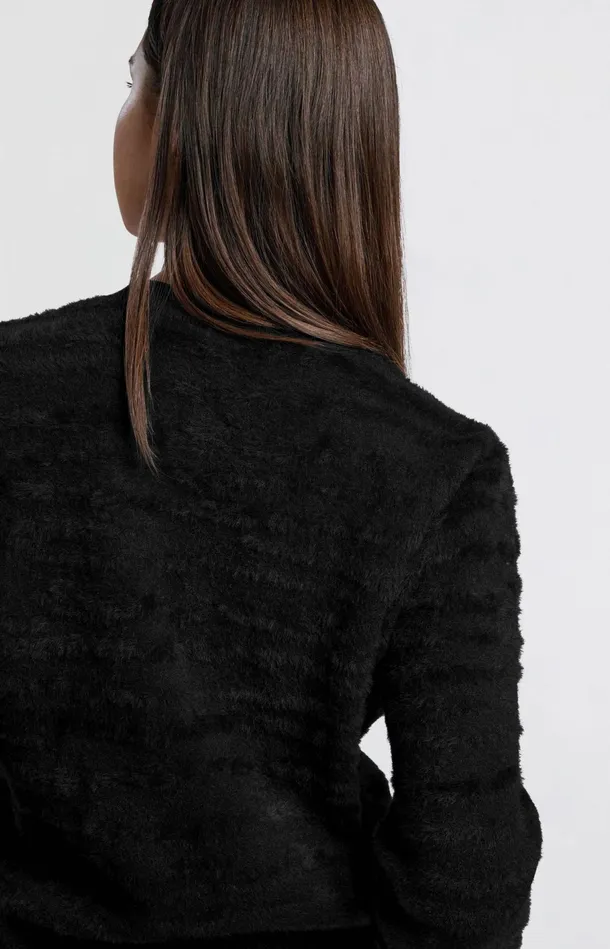 Fluffy Sweater With Round Neckline And Subtle Stripes Black Women YAYA Sweaters Fluffy Sweater With Round Neckline And Subtle Stripes Black Women YAYA Sweaters