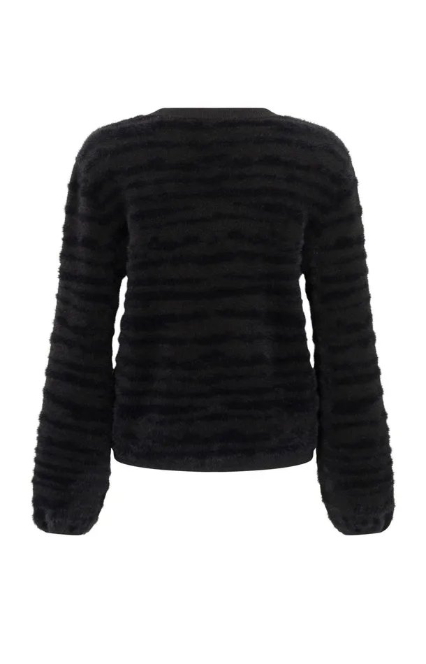 Fluffy Sweater With Round Neckline And Subtle Stripes Black Women YAYA Sweaters Fluffy Sweater With Round Neckline And Subtle Stripes Black Women YAYA Sweaters
