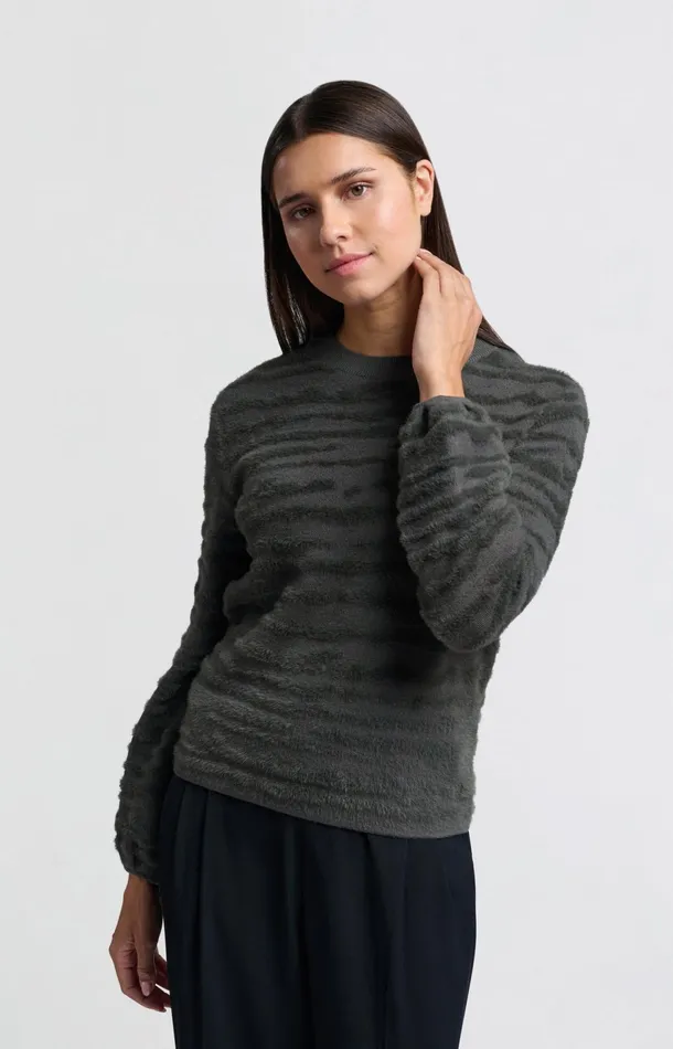Fluffy Sweater With Round Neckline And Subtle Stripes Dark Metal Grey Women YAYA Sweaters Fluffy Sweater With Round Neckline And Subtle Stripes Dark Metal Grey Women YAYA Sweaters