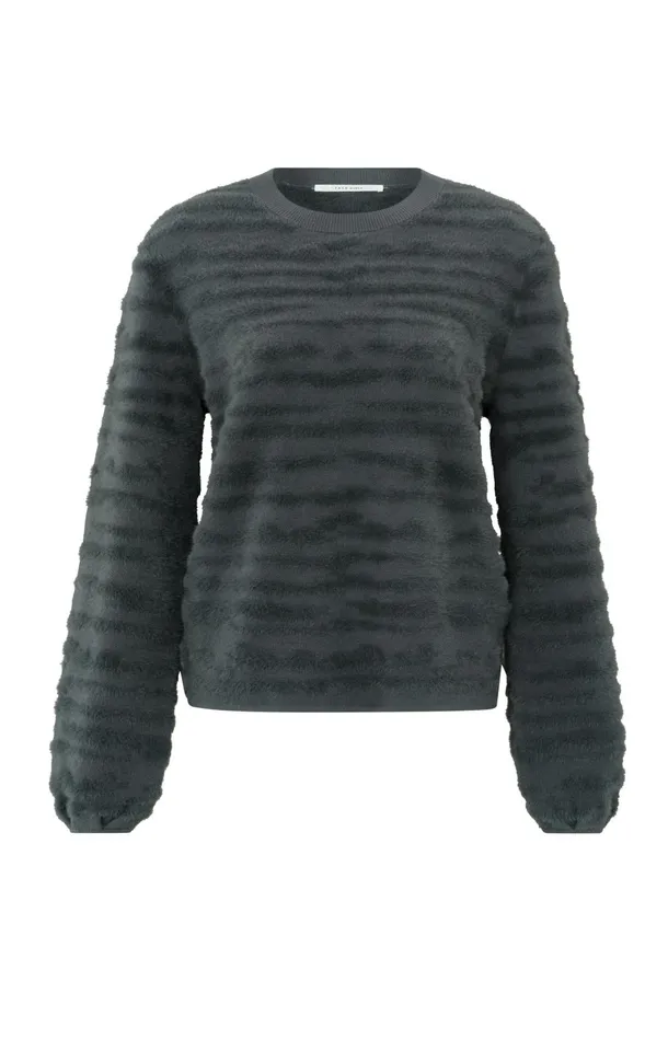 Fluffy Sweater With Round Neckline And Subtle Stripes Dark Metal Grey Women YAYA Sweaters Fluffy Sweater With Round Neckline And Subtle Stripes Dark Metal Grey Women YAYA Sweaters