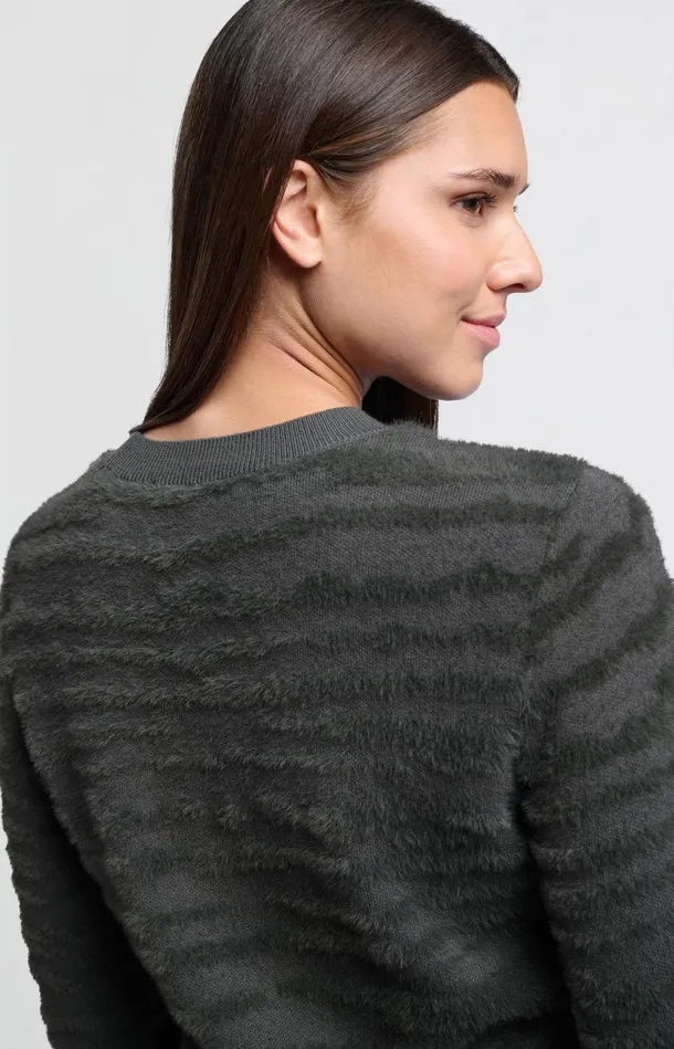 Fluffy Sweater With Round Neckline And Subtle Stripes Dark Metal Grey Women YAYA Sweaters Fluffy Sweater With Round Neckline And Subtle Stripes Dark Metal Grey Women YAYA Sweaters