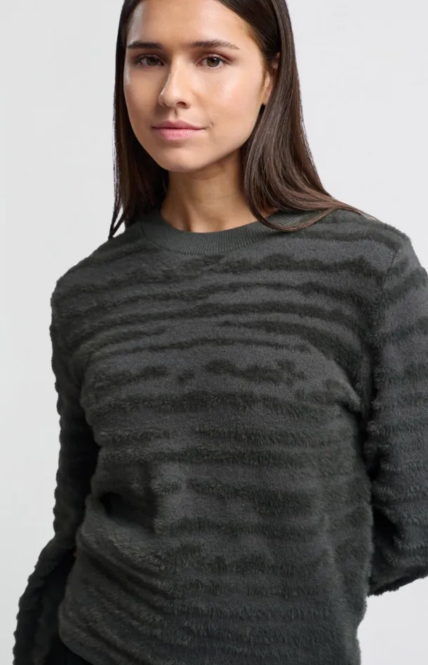 Fluffy Sweater With Round Neckline And Subtle Stripes Dark Metal Grey Women YAYA Sweaters Fluffy Sweater With Round Neckline And Subtle Stripes Dark Metal Grey Women YAYA Sweaters