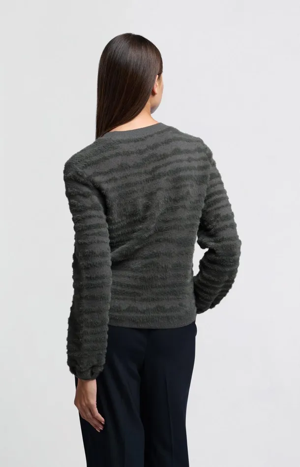 Fluffy Sweater With Round Neckline And Subtle Stripes Dark Metal Grey Women YAYA Sweaters Fluffy Sweater With Round Neckline And Subtle Stripes Dark Metal Grey Women YAYA Sweaters
