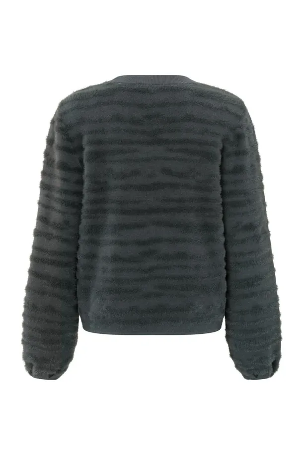 Fluffy Sweater With Round Neckline And Subtle Stripes Dark Metal Grey Women YAYA Sweaters Fluffy Sweater With Round Neckline And Subtle Stripes Dark Metal Grey Women YAYA Sweaters