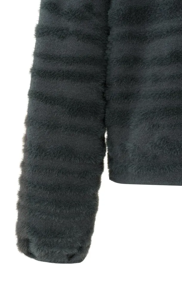 Fluffy Sweater With Round Neckline And Subtle Stripes Dark Metal Grey Women YAYA Sweaters Fluffy Sweater With Round Neckline And Subtle Stripes Dark Metal Grey Women YAYA Sweaters