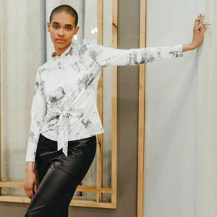 Foil Knit 8211 Center Front Tie Top 8211 Abstract Marble 8211 Final Sale Women Clara Sunwoo Tops Tunics
