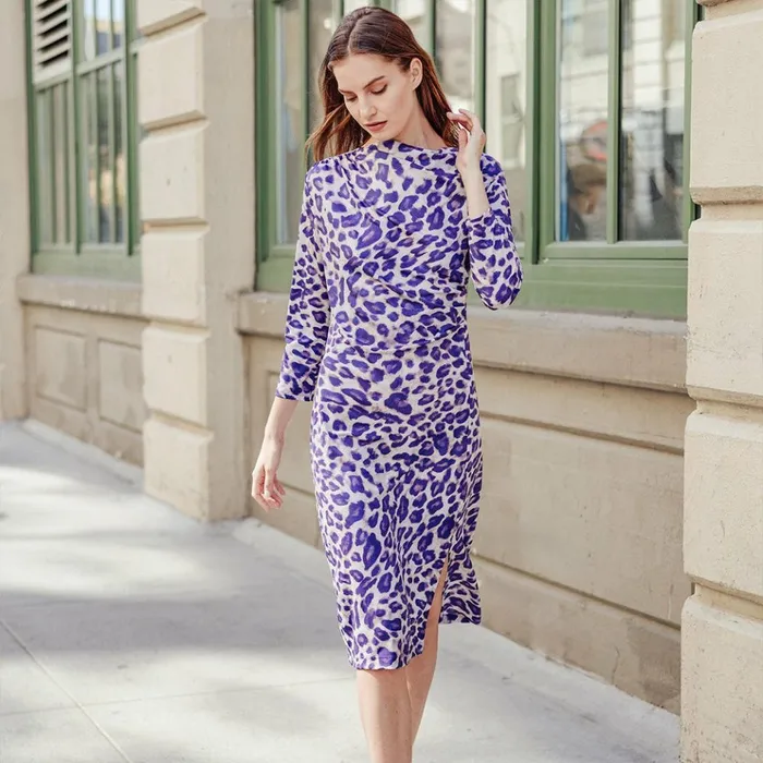 Foil Knit 8211 Side Slit 34 Sleeve Midi Dress 8211 Plum Cheetah Women Clara Sunwoo Dresses Jumpsuits
