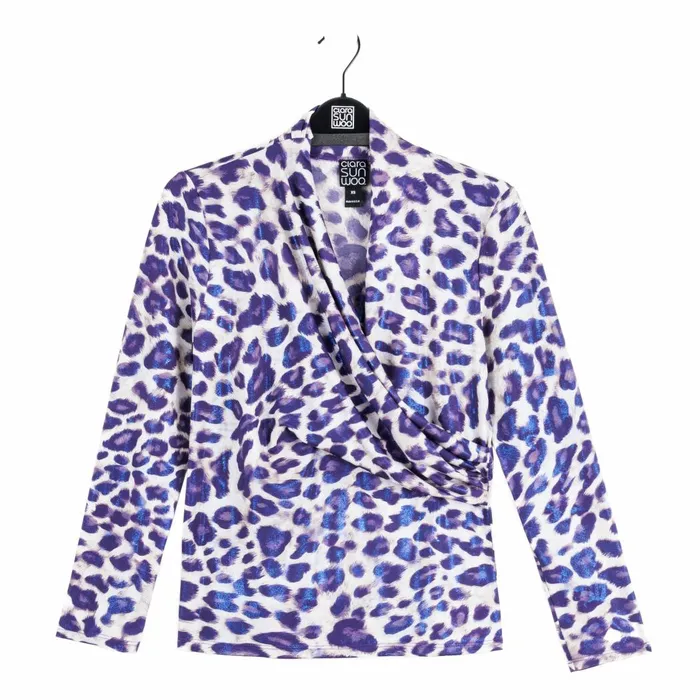 Foil Knit 8211 VNeck Draped Pleat Top 8211 Plum Cheetah 8211 Final Sale Women Clara Sunwoo Tops Tunics