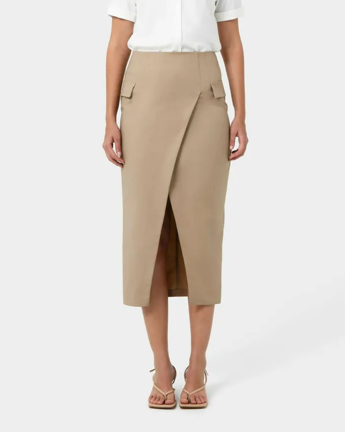 Forcast Abby Asymmetric Tailored Skirt Almondblack Women Midi and Maxi Skirts