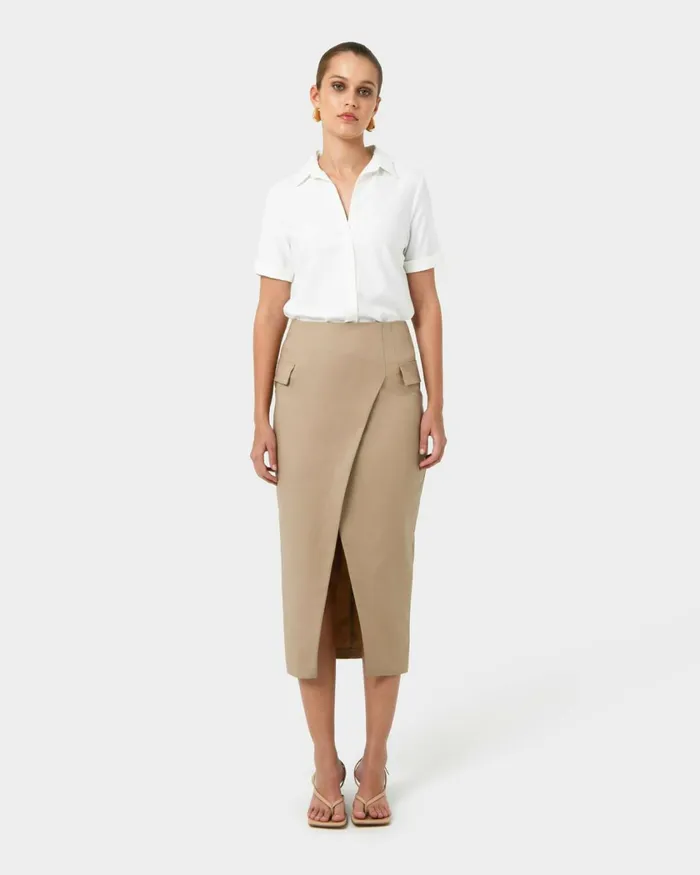 Forcast Abby Asymmetric Tailored Skirt Almondblack Women Midi and Maxi Skirts