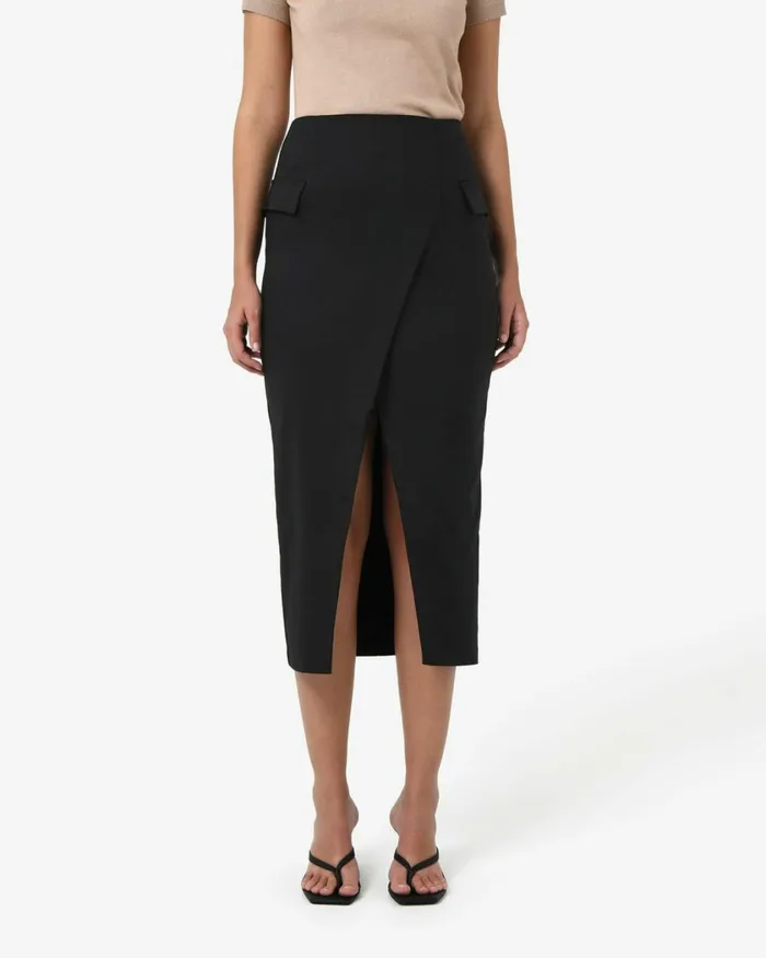 Forcast Abby Asymmetric Tailored Skirt Almondblack Women Midi and Maxi Skirts
