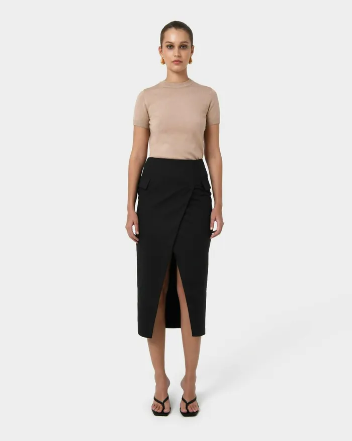 Forcast Abby Asymmetric Tailored Skirt Almondblack Women Midi and Maxi Skirts