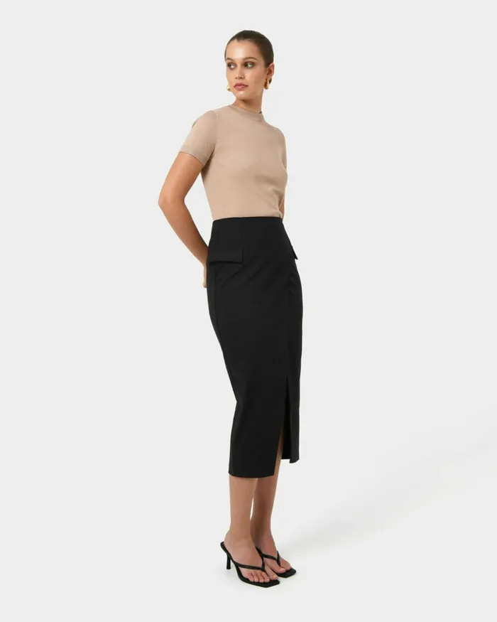 Forcast Abby Asymmetric Tailored Skirt Almondblack Women Midi and Maxi Skirts