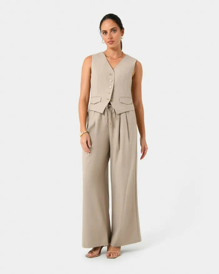 Forcast Abel Elastic Waist Relax Pants Sandnavy Women HighWaisted Pants