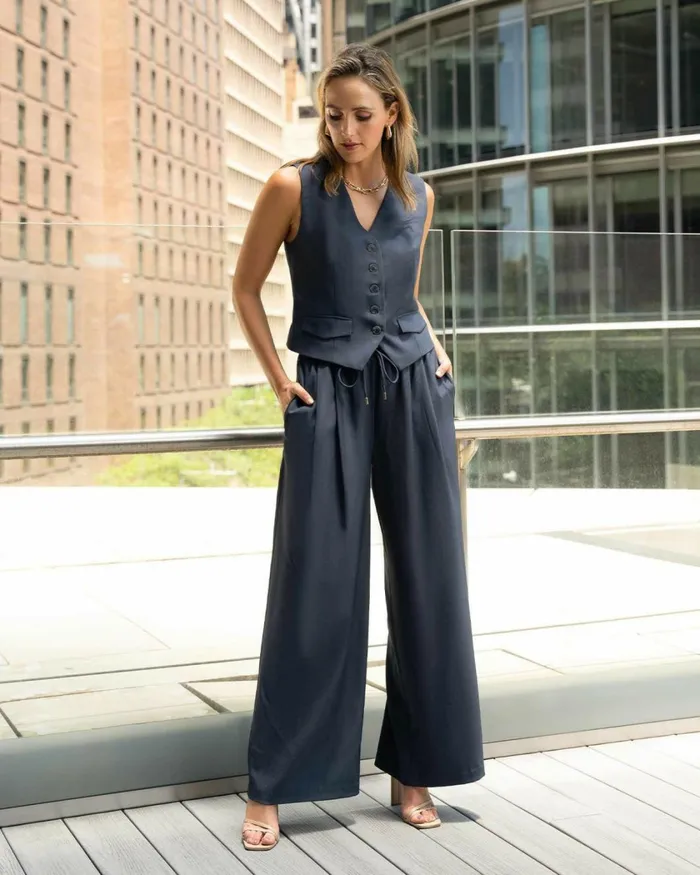 Forcast Abel Elastic Waist Relax Pants Sandnavy Women HighWaisted Pants