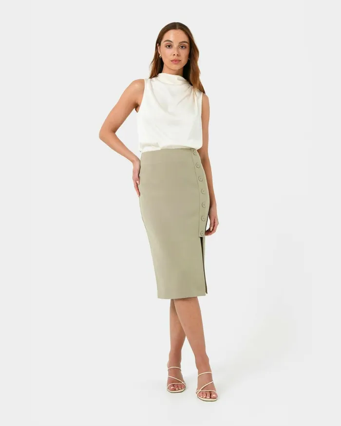 Forcast Ace Side Button Skirt Blacktaupe Women Midi and Maxi Skirts