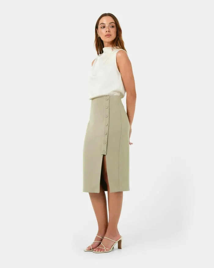 Forcast Ace Side Button Skirt Blacktaupe Women Midi and Maxi Skirts