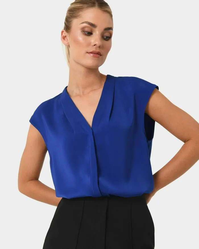 Forcast Adelaide Vneck Cap Sleeve Top Deep Blue Women TShirts and Tops