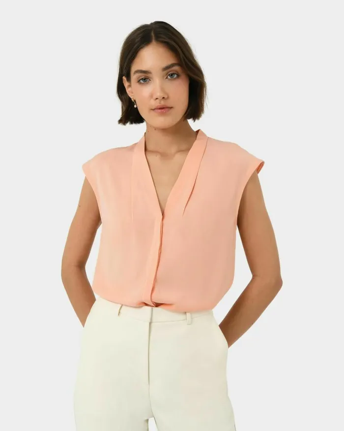 Forcast Adelaide Vneck Cap Sleeve Top Light Coralsand Beigeecruivoryblack Women TShirts and Tops