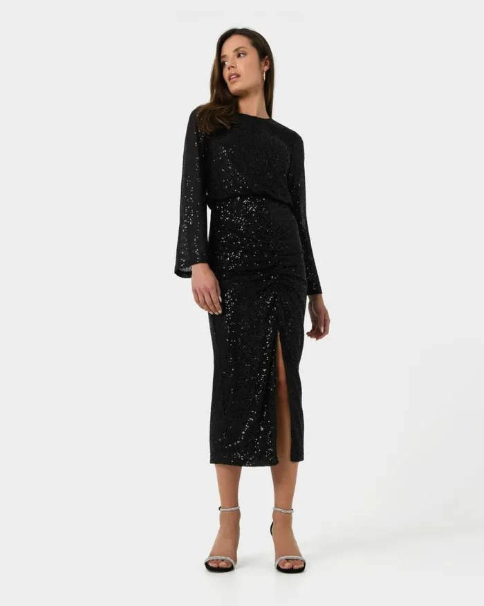 Forcast Adrianna Sequin Dress Black Women Midi Dresses