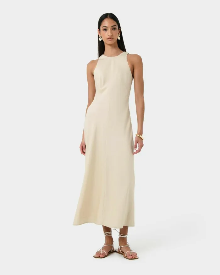 Forcast Aiya Bias Midi Dress Light Ecrublack Women Midi Dresses