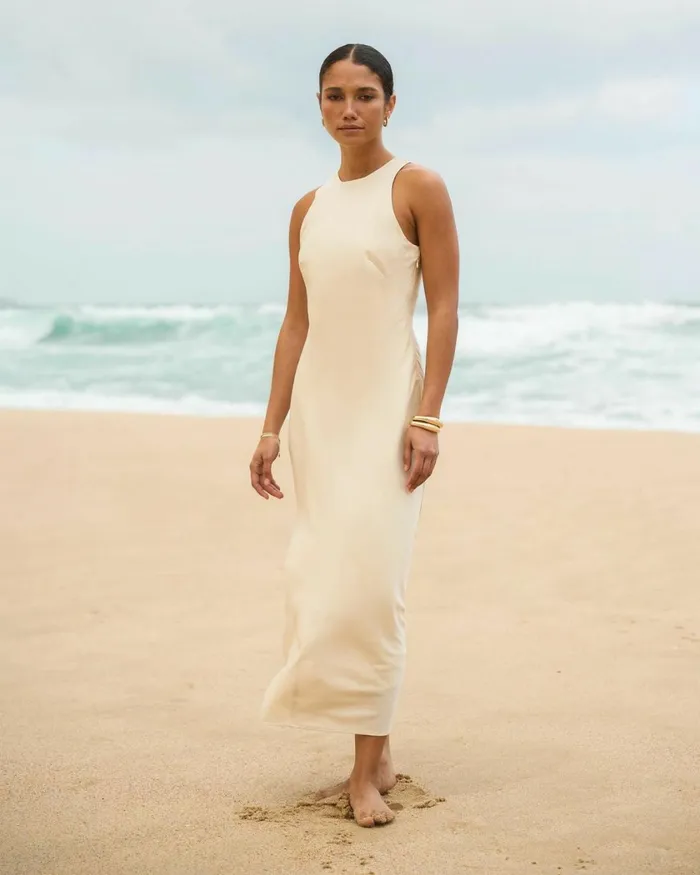 Forcast Aiya Bias Midi Dress Light Ecrublack Women Midi Dresses
