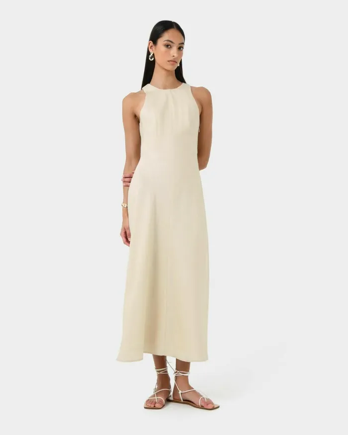 Forcast Aiya Bias Midi Dress Light Ecrublack Women Midi Dresses