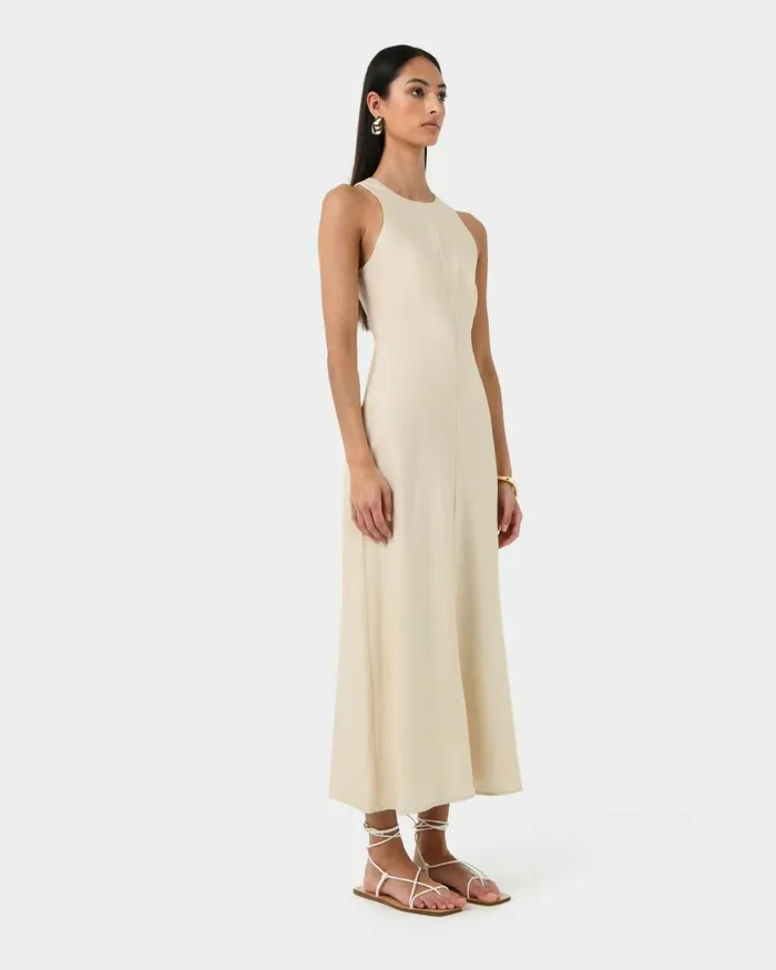 Forcast Aiya Bias Midi Dress Light Ecrublack Women Midi Dresses