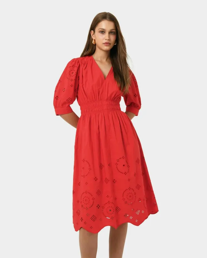 Forcast Ali Embroidered Dress Fiesta Red Women Midi Dresses