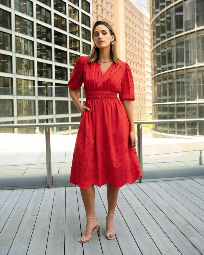 Forcast Ali Embroidered Dress Fiesta Red Women Midi Dresses