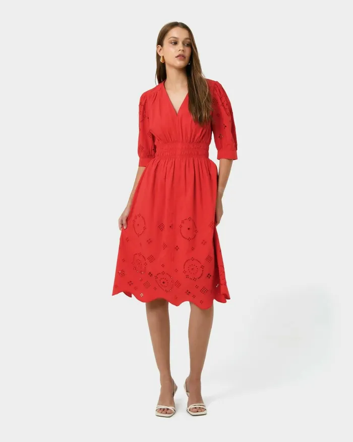 Forcast Ali Embroidered Dress Fiesta Red Women Midi Dresses