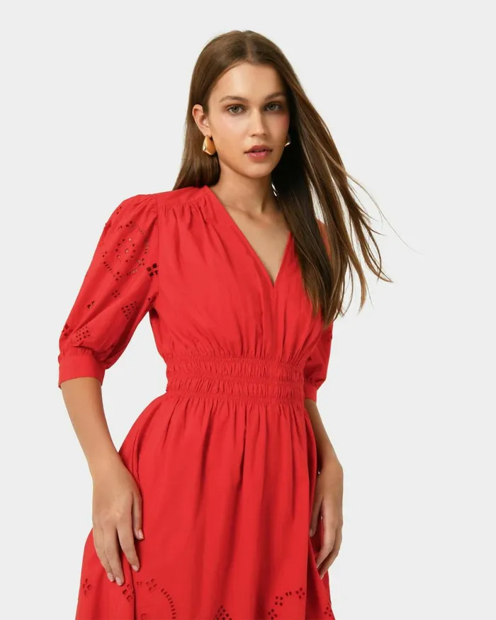 Forcast Ali Embroidered Dress Fiesta Red Women Midi Dresses