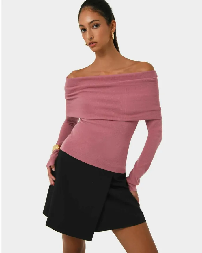 Forcast Ally Off Shoulder Knit Roseblack Women TShirts and Tops