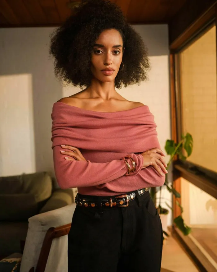 Forcast Ally Off Shoulder Knit Roseblack Women TShirts and Tops