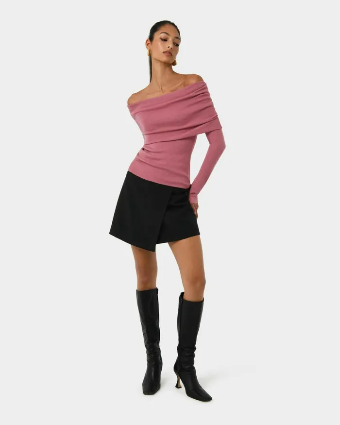 Forcast Ally Off Shoulder Knit Roseblack Women TShirts and Tops