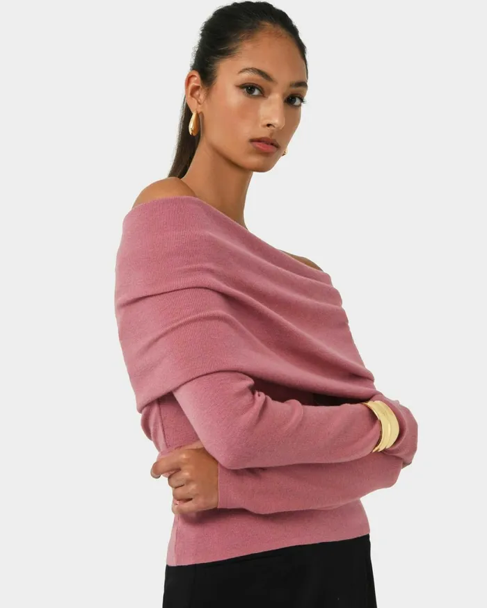 Forcast Ally Off Shoulder Knit Roseblack Women TShirts and Tops