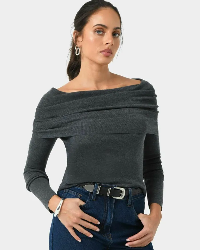 Forcast Ally Off Shoulder Knit Roseblack Women TShirts and Tops