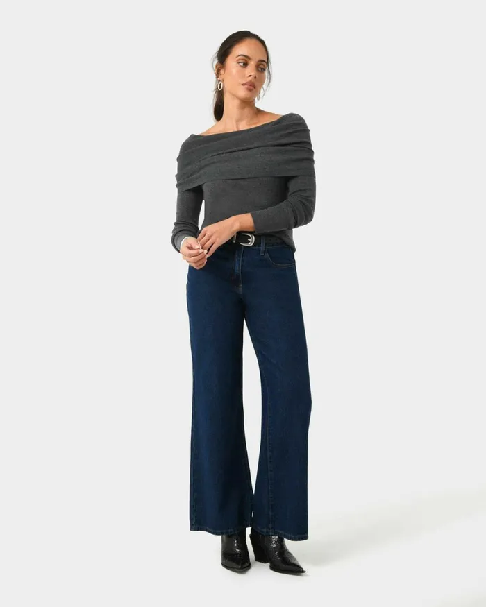 Forcast Ally Off Shoulder Knit Roseblack Women TShirts and Tops
