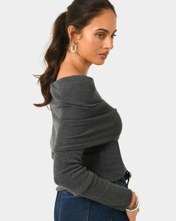 Forcast Ally Off Shoulder Knit Roseblack Women TShirts and Tops