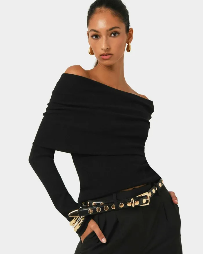 Forcast Ally Off Shoulder Knit Roseblack Women TShirts and Tops
