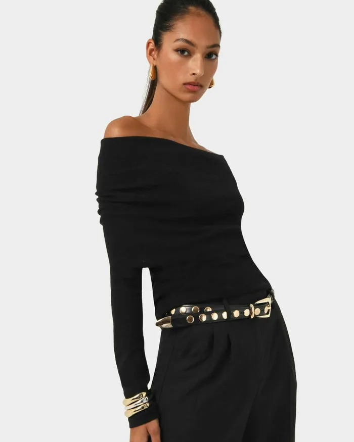 Forcast Ally Off Shoulder Knit Roseblack Women TShirts and Tops