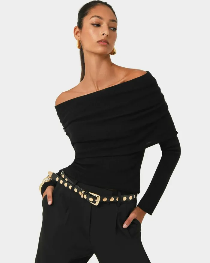 Forcast Ally Off Shoulder Knit Roseblack Women TShirts and Tops
