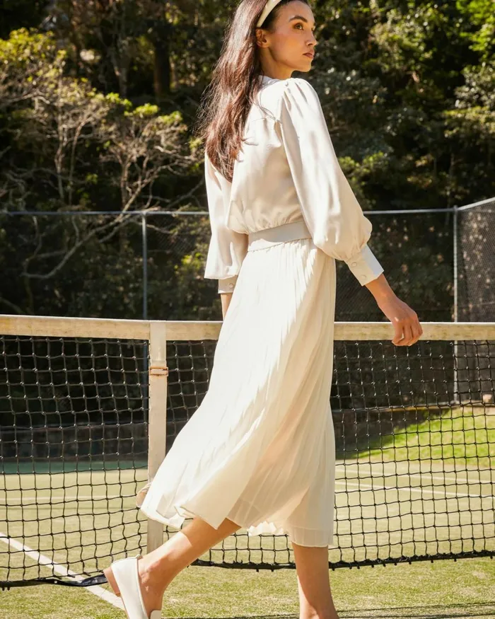 Forcast Amalfi Pleated Skirt Cream Women Midi and Maxi Skirts