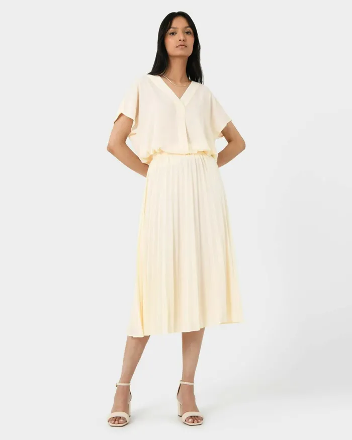 Forcast Amalfi Pleated Skirt Cream Women Midi and Maxi Skirts