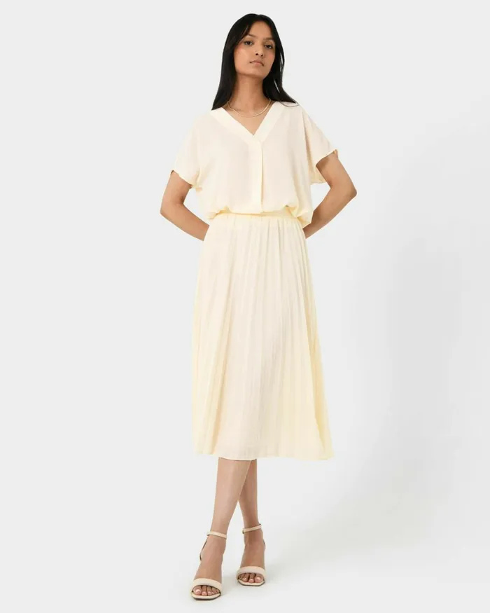 Forcast Amalfi Pleated Skirt Cream Women Midi and Maxi Skirts