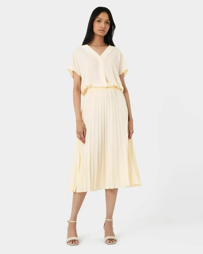Forcast Amalfi Pleated Skirt Cream Women Midi and Maxi Skirts