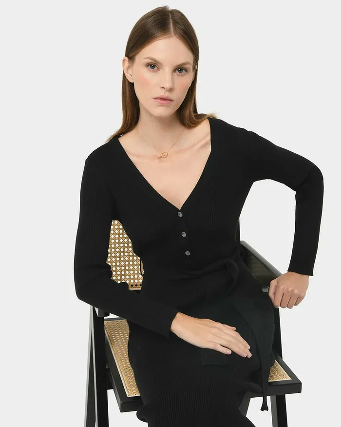Forcast Amberly Tie Waist Knit Dress Black Women Midi Dresses
