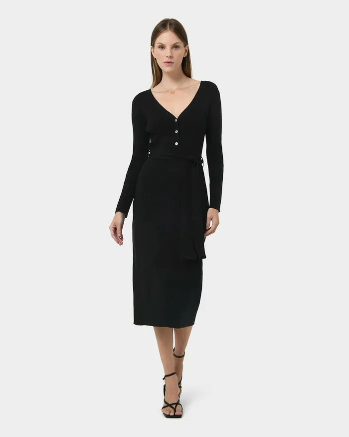 Forcast Amberly Tie Waist Knit Dress Black Women Midi Dresses