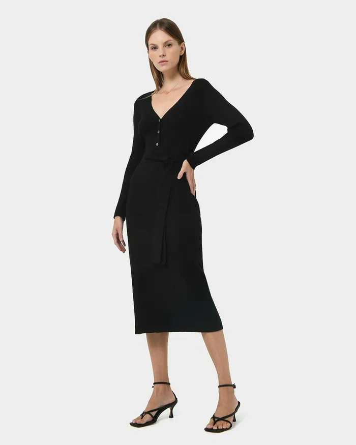 Forcast Amberly Tie Waist Knit Dress Black Women Midi Dresses