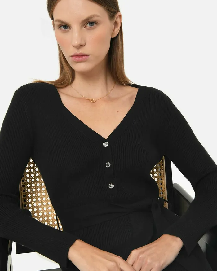 Forcast Amberly Tie Waist Knit Dress Black Women Midi Dresses